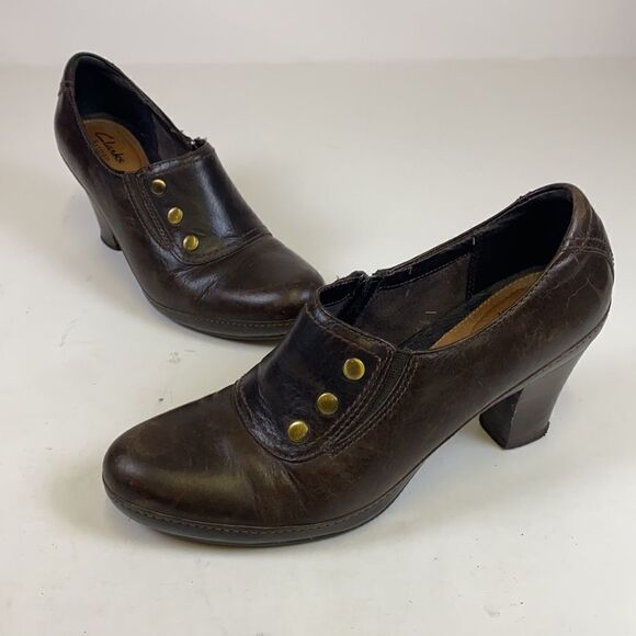 Clarks Artisan Brown Leather High Heel Clogs Size 8.5 A3 - Picture 2 of 10